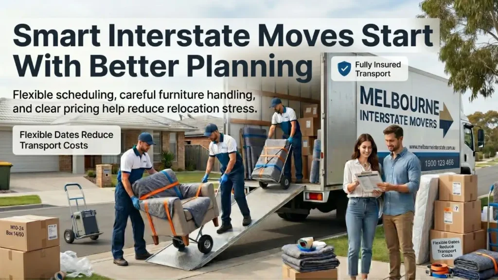 Professional Melbourne interstate removalists loading protected furniture into a moving truck during an organised long-distance house relocation across Australia.